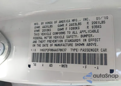 2010 Honda Accord 2.4 Ex-L z USA, uszkodzony, nr VIN 1HGCP2F88AA078637